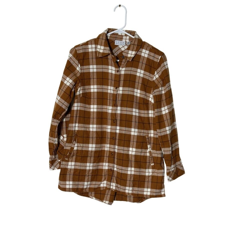 Joan Rivers Womens XSP Plaid Button-Up Shirt Brown/White Fall Fashion